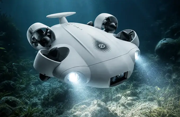 FIFISH V-EVO Unterwasserdrohne mit eingeschaltetem Licht über dem Seegrund
